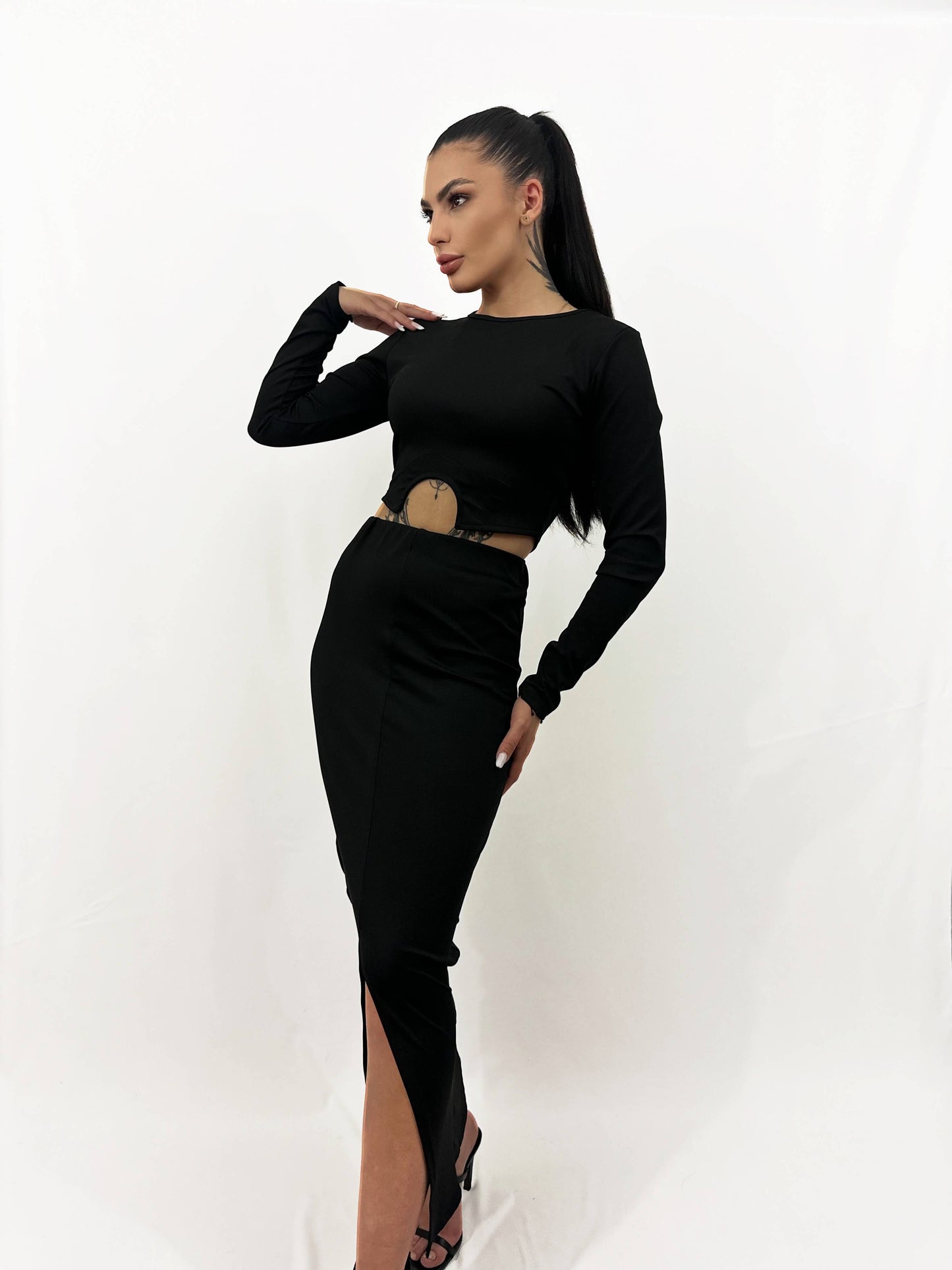 Set două piese damă din material scuba – bluză și fustă cu crăpătură